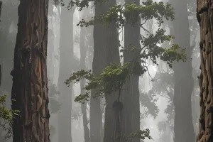 Ancient Redwood Forest in Morning Fog