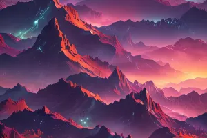 Neon Aurora Over Fractal Mountains