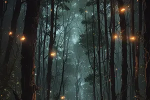 Vertical Night Forest With Fireflies