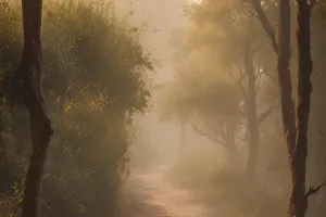 Warm Foggy Path at Sunrise (Lock Screen Safe)