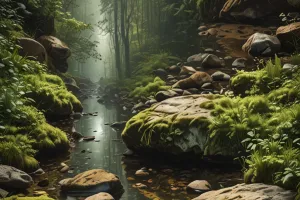 Serene Nordic Forest River – Photorealistic Nature Wallpaper