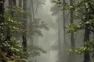 Rainy Pine Forest Path – Moody Nature Wallpaper